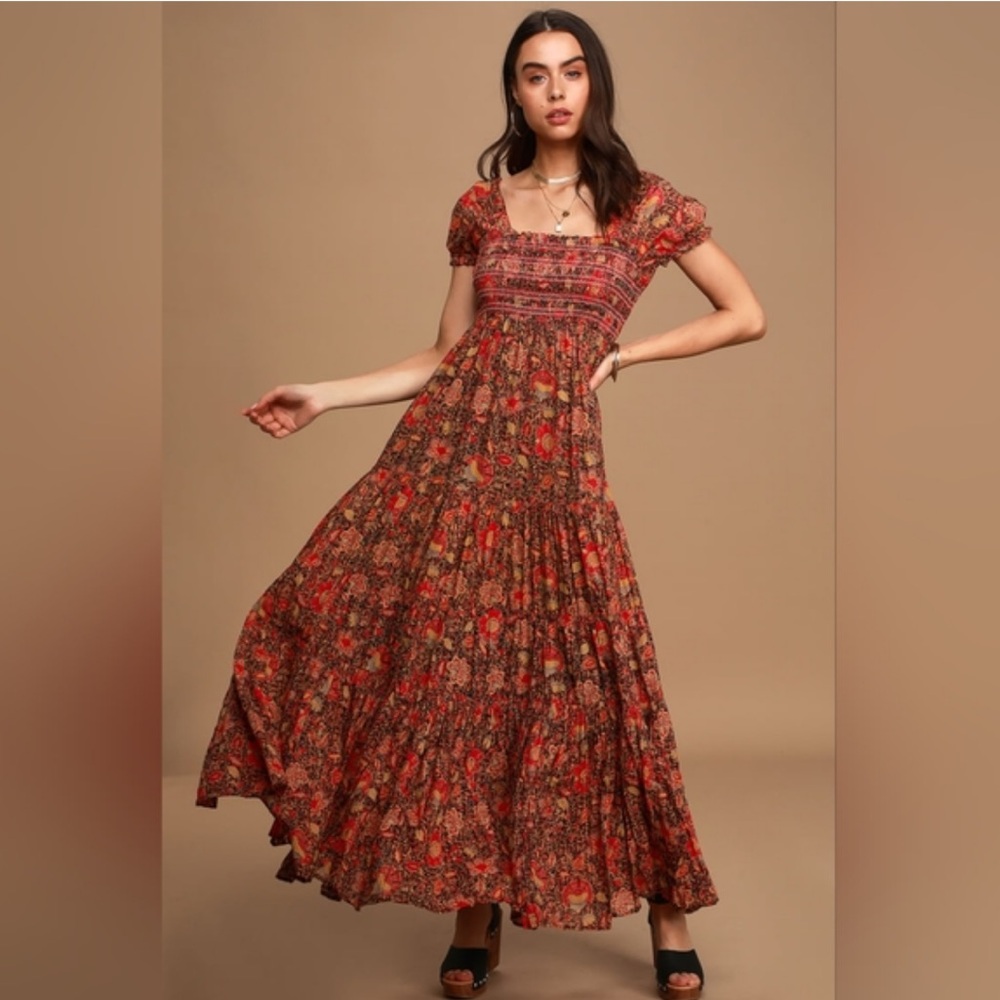 Free People Getaway Red Floral Print Tiered Maxi Dress